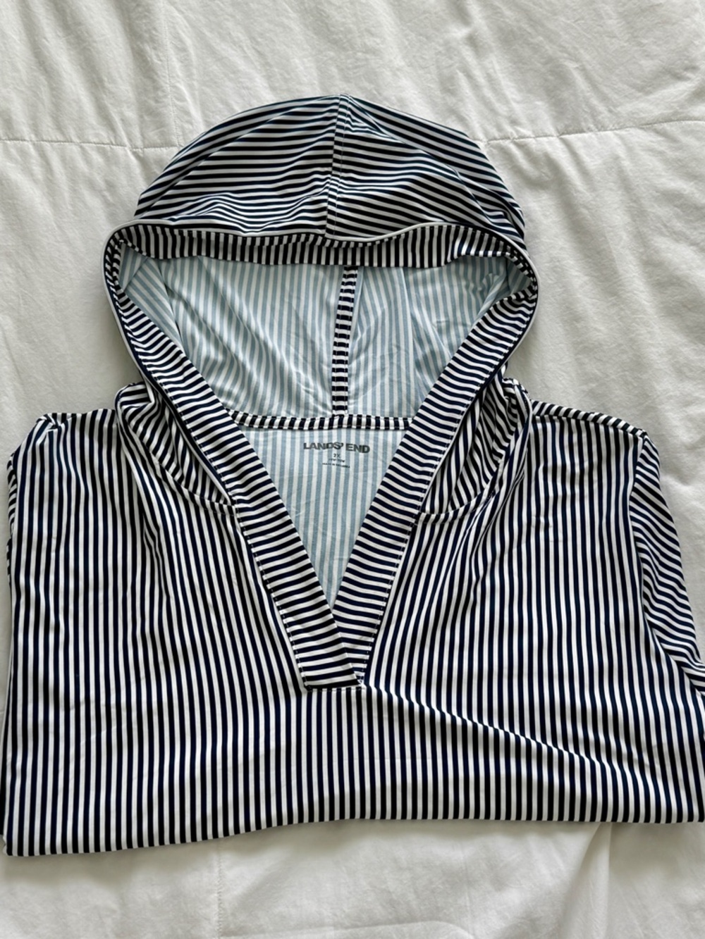 Lands' End Navy & White Striped Hooded Pullover